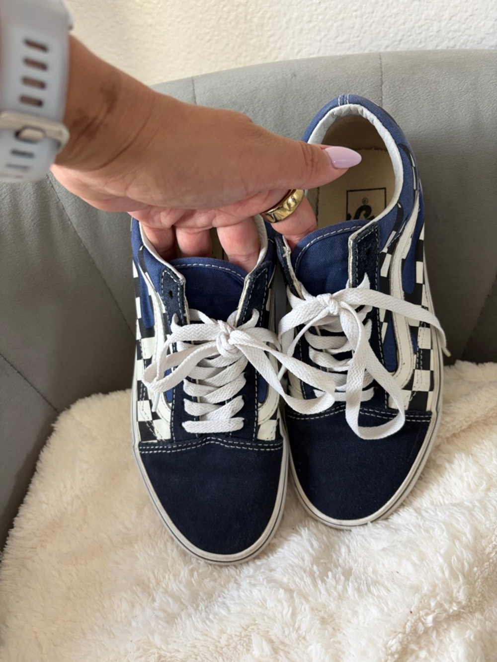Vans Navy Blue and White Checkerboard Low-Top Sneakers